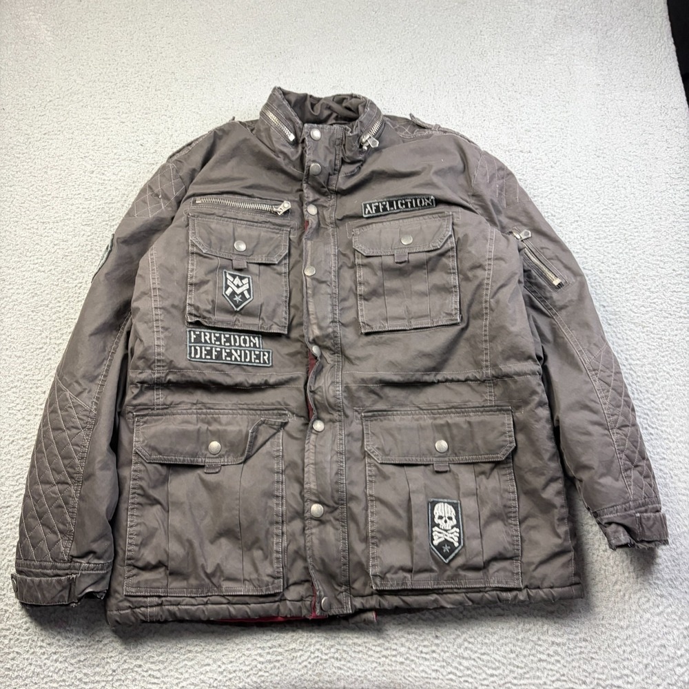 Affliction Jacket Mens Freedom Defender Military Field Y2K Quilted Brown 2XL